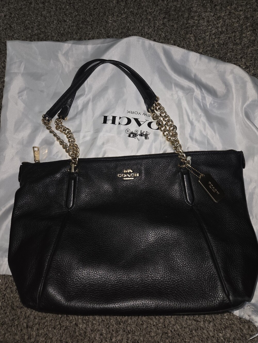 ONE LINK MISSING Coach Black Pebbled Leather Shoulder Bag with Gold Chain Accent